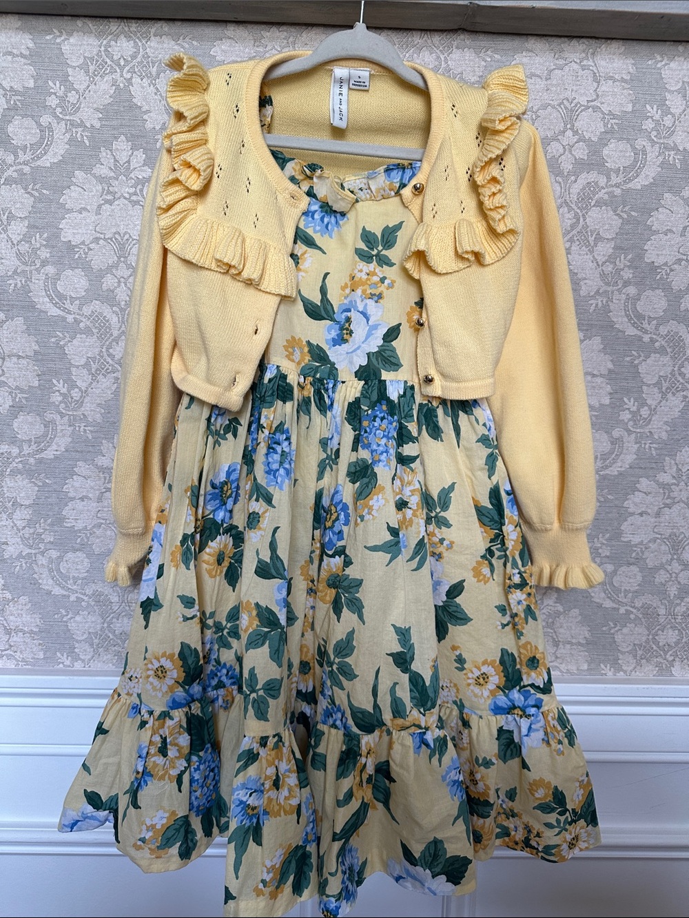 Janie and Jack Yellow Floral Dress with Yellow Knit Cardigan